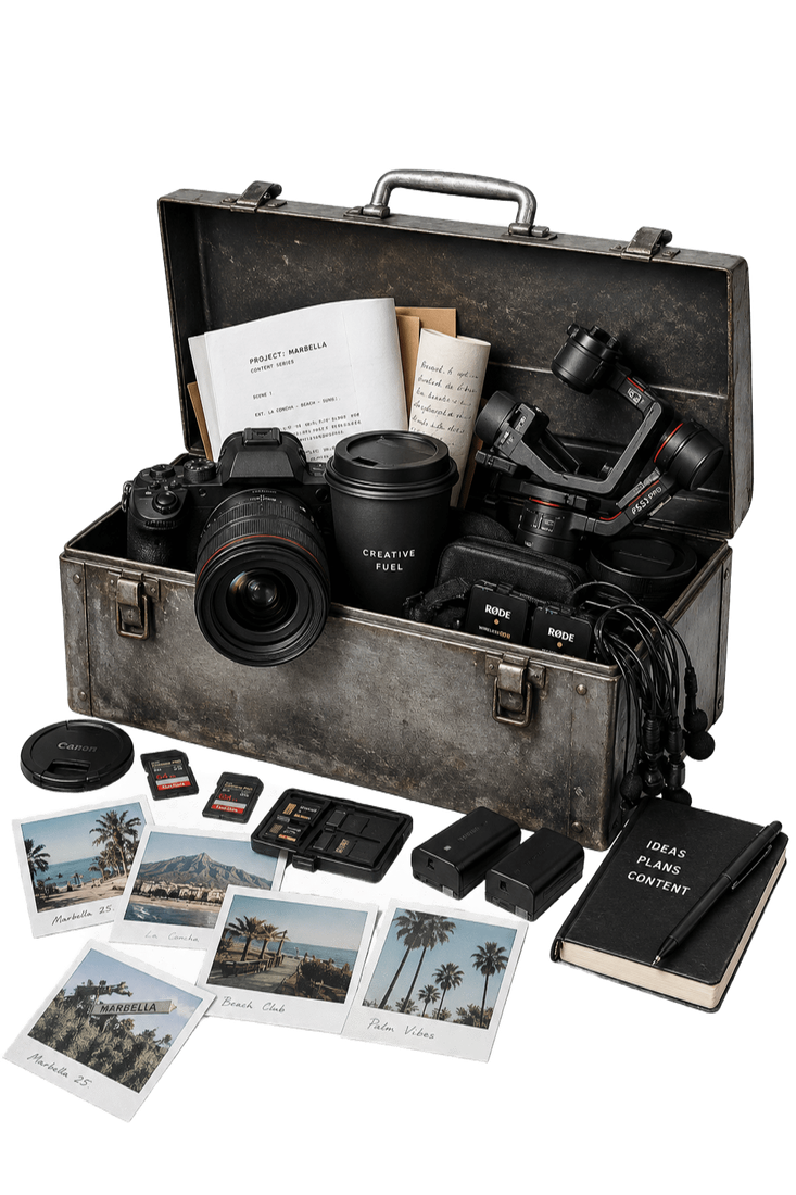 A vintage metal case packed with a camera, gimbal, wireless mics, SD cards, Polaroids and a notebook, Savannah's creative kit