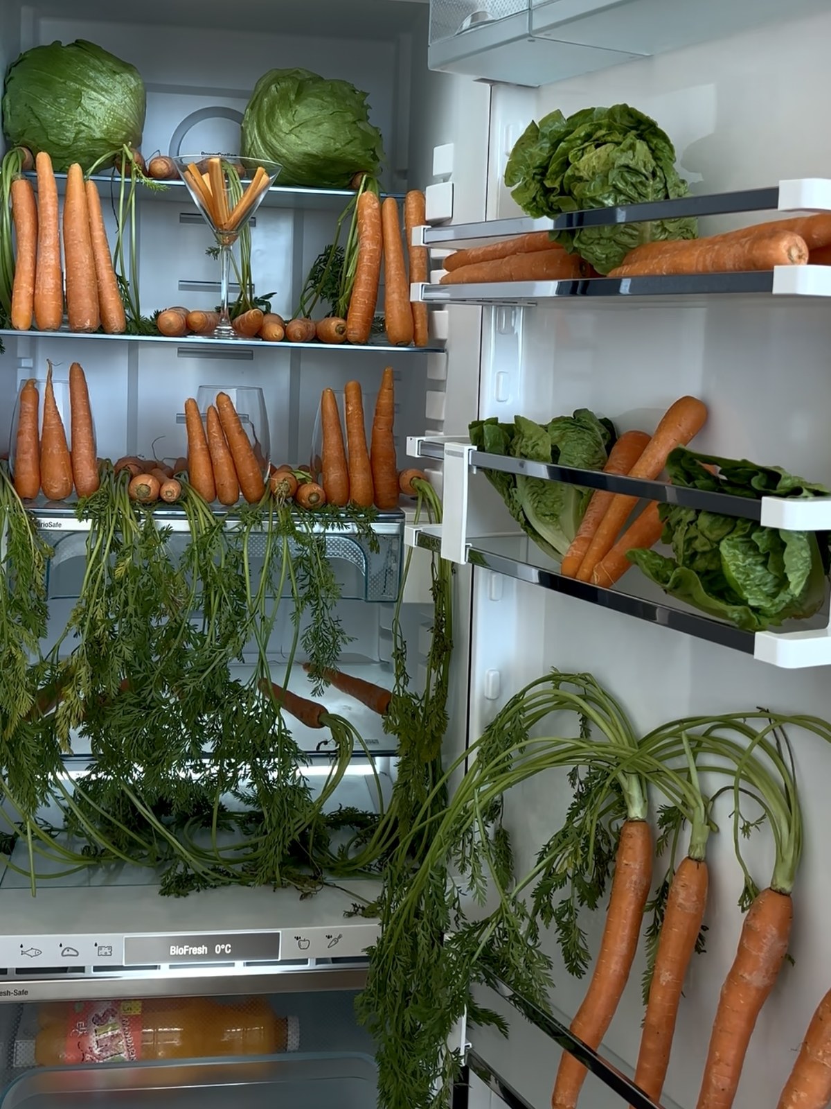 A luxury fridge styled full of carrots and lettuce for the Easter rabbit campaign