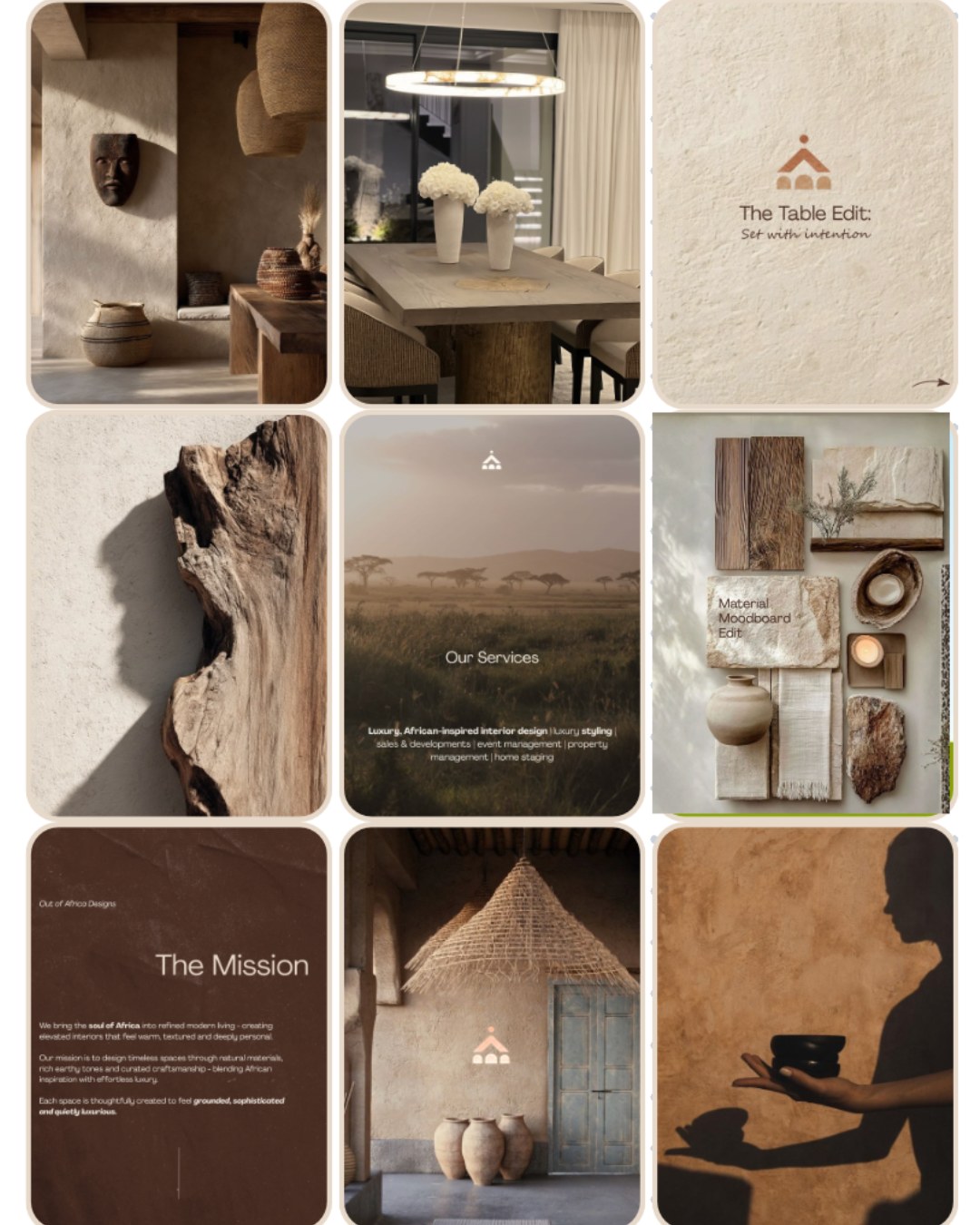 A moodboard of African-inspired luxury interiors — textured walls, handcrafted furniture, natural materials and a warm earthy palette