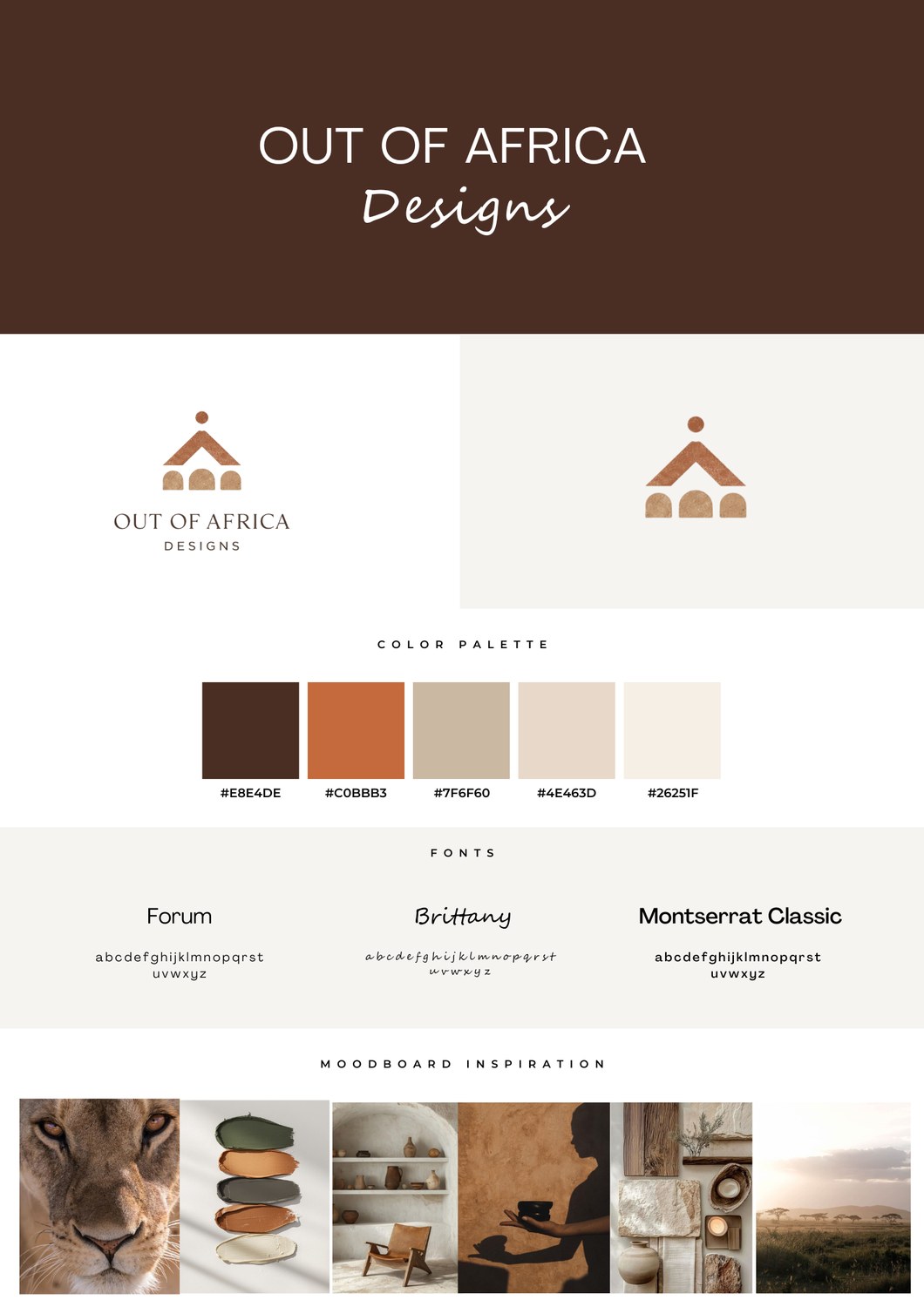 Out of Africa Designs brand board — logo, earthy colour palette, typefaces and moodboard imagery