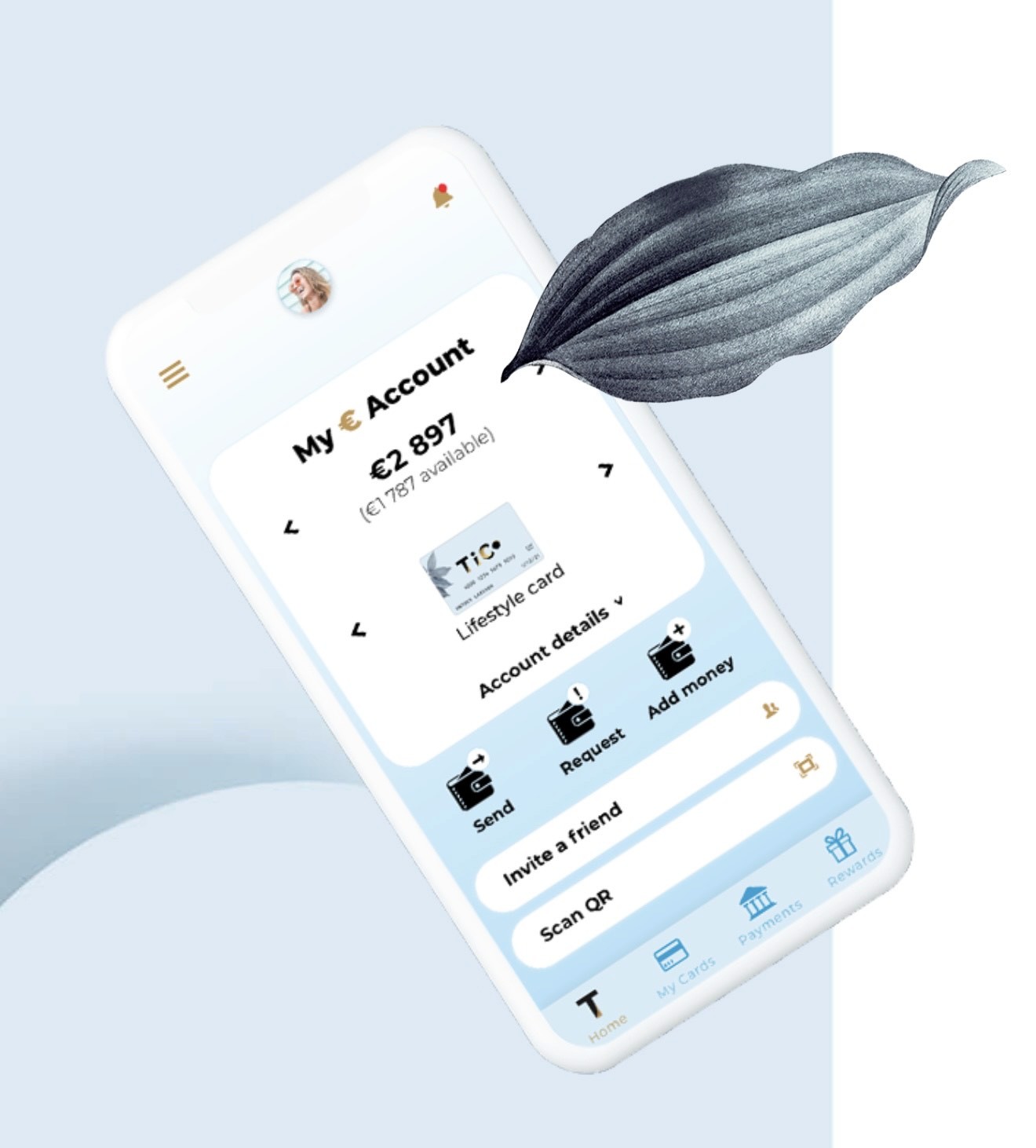 TiC banking app on a phone showing a euro account and lifestyle card