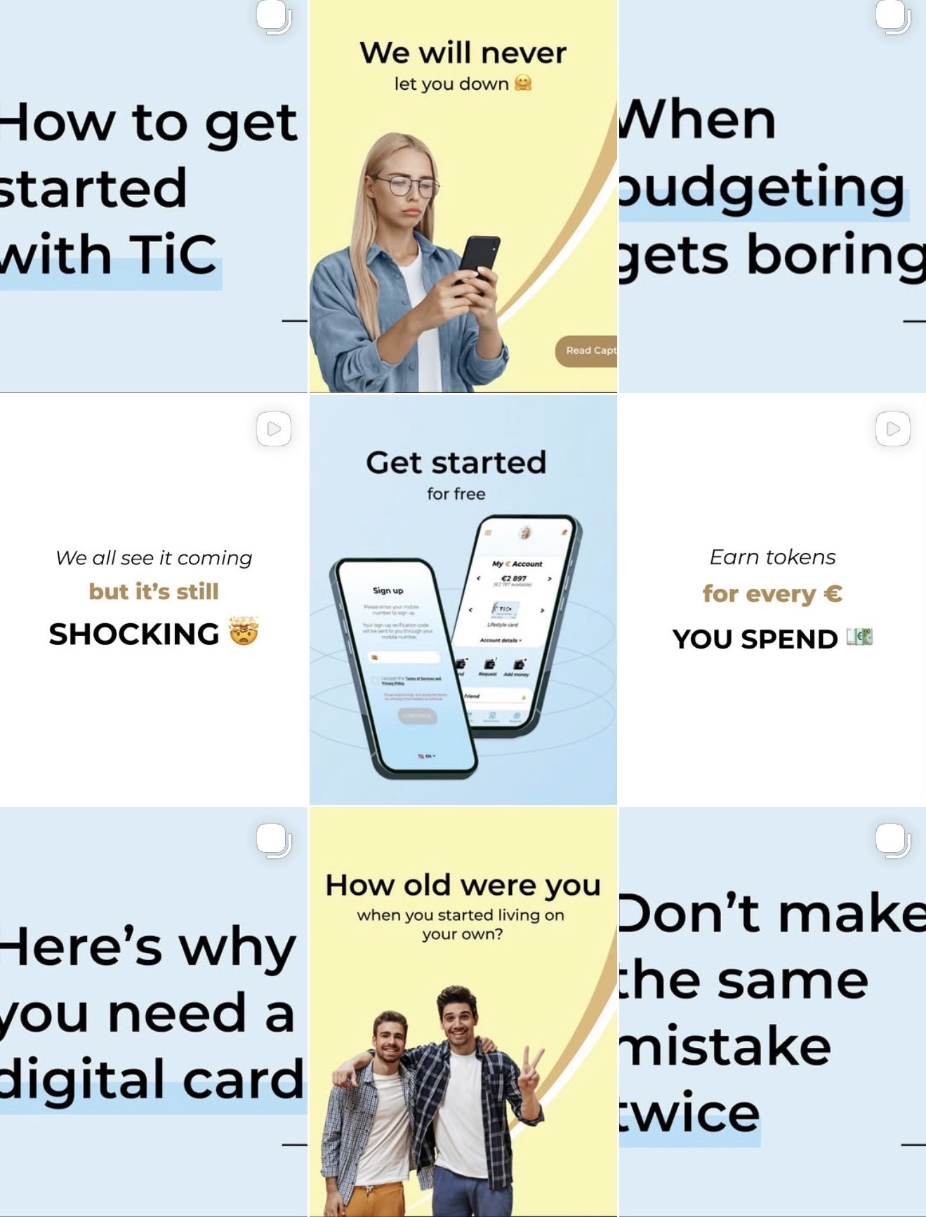 TiC Instagram grid of budgeting and getting-started content