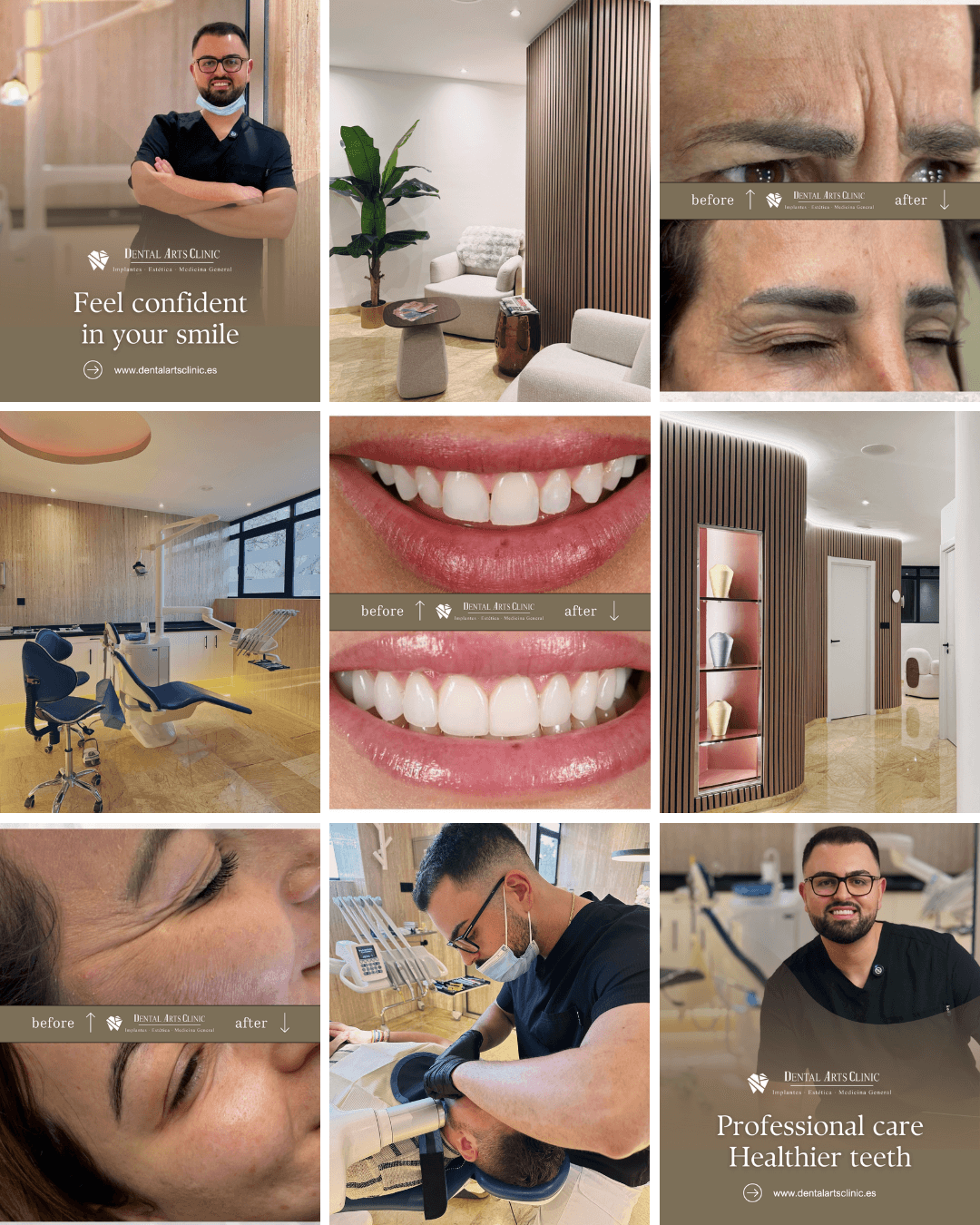 Dental Arts Clinic Instagram grid with smile results and the clinic interior