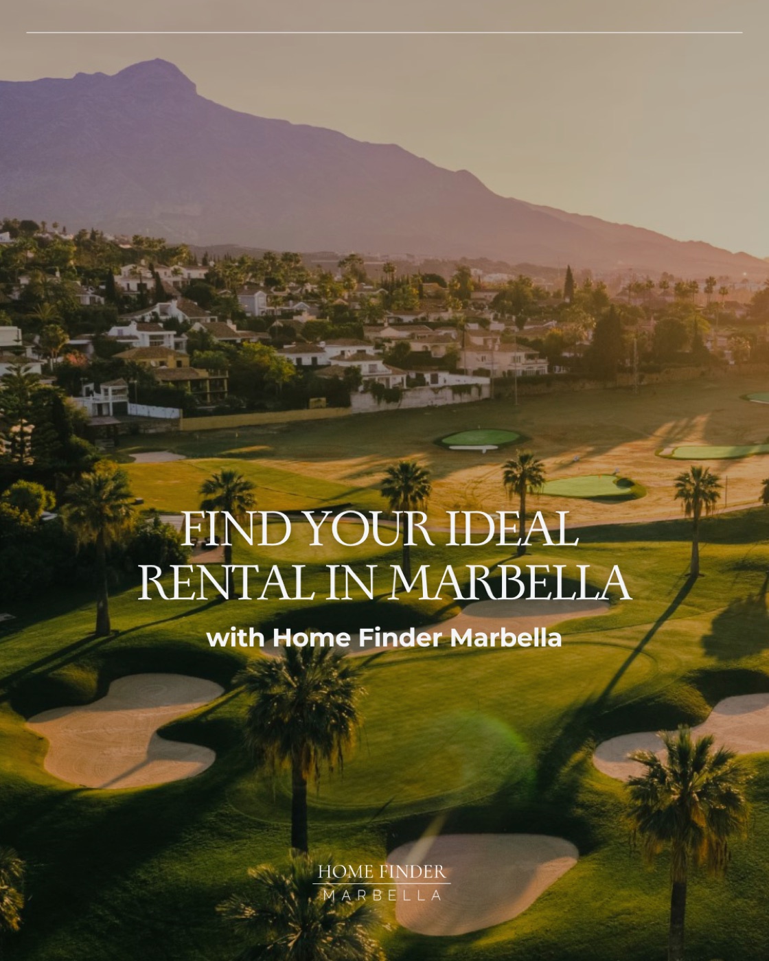 Find your ideal rental in Marbella graphic over a golf course at sunset