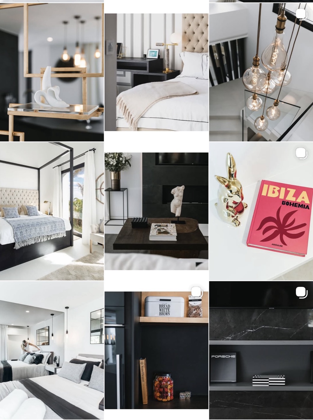 Interior design Instagram grid of styled bedrooms, lighting and decor