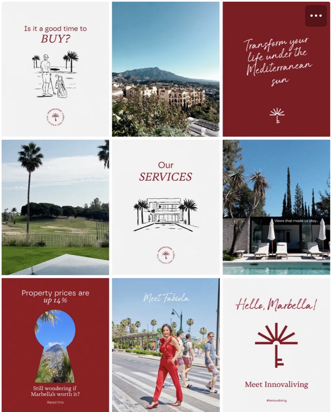 InnovaLiving Instagram grid in deep red and white with property and lifestyle posts