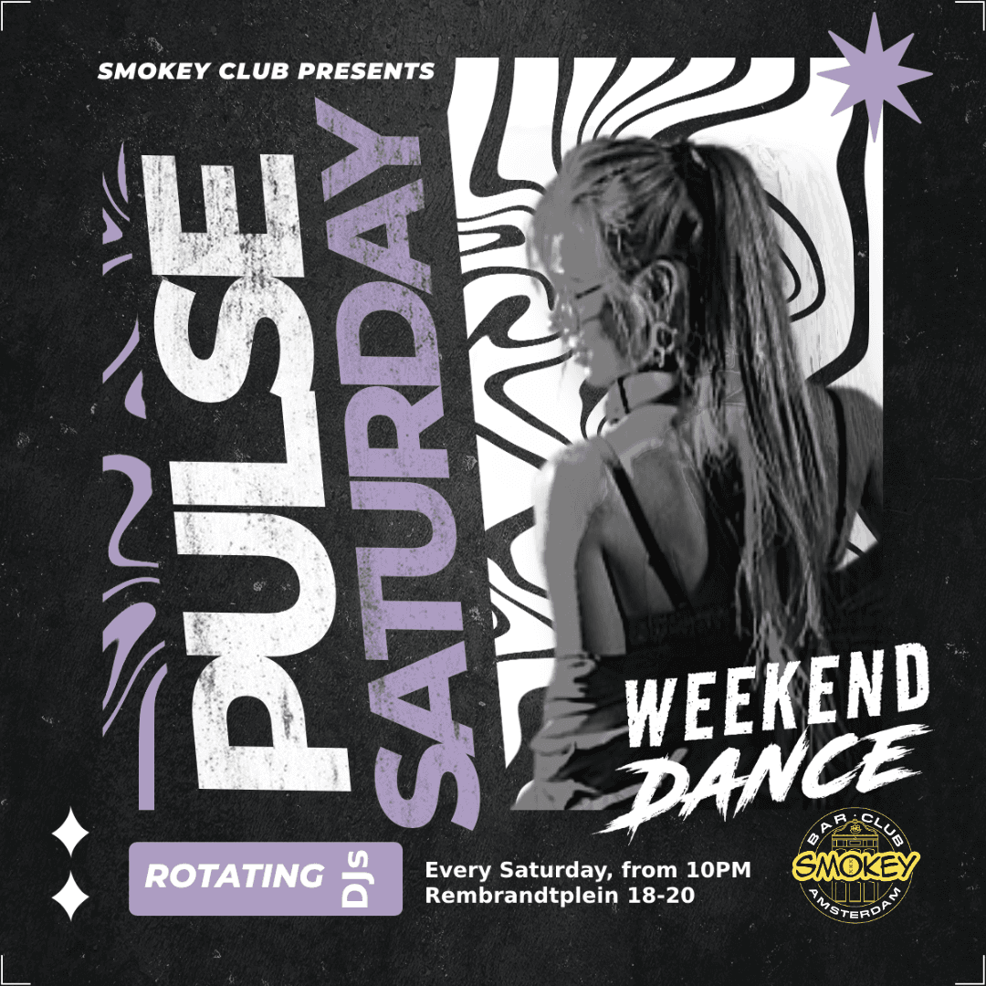 Smokey Club Pulse Saturday event poster in purple, white and black