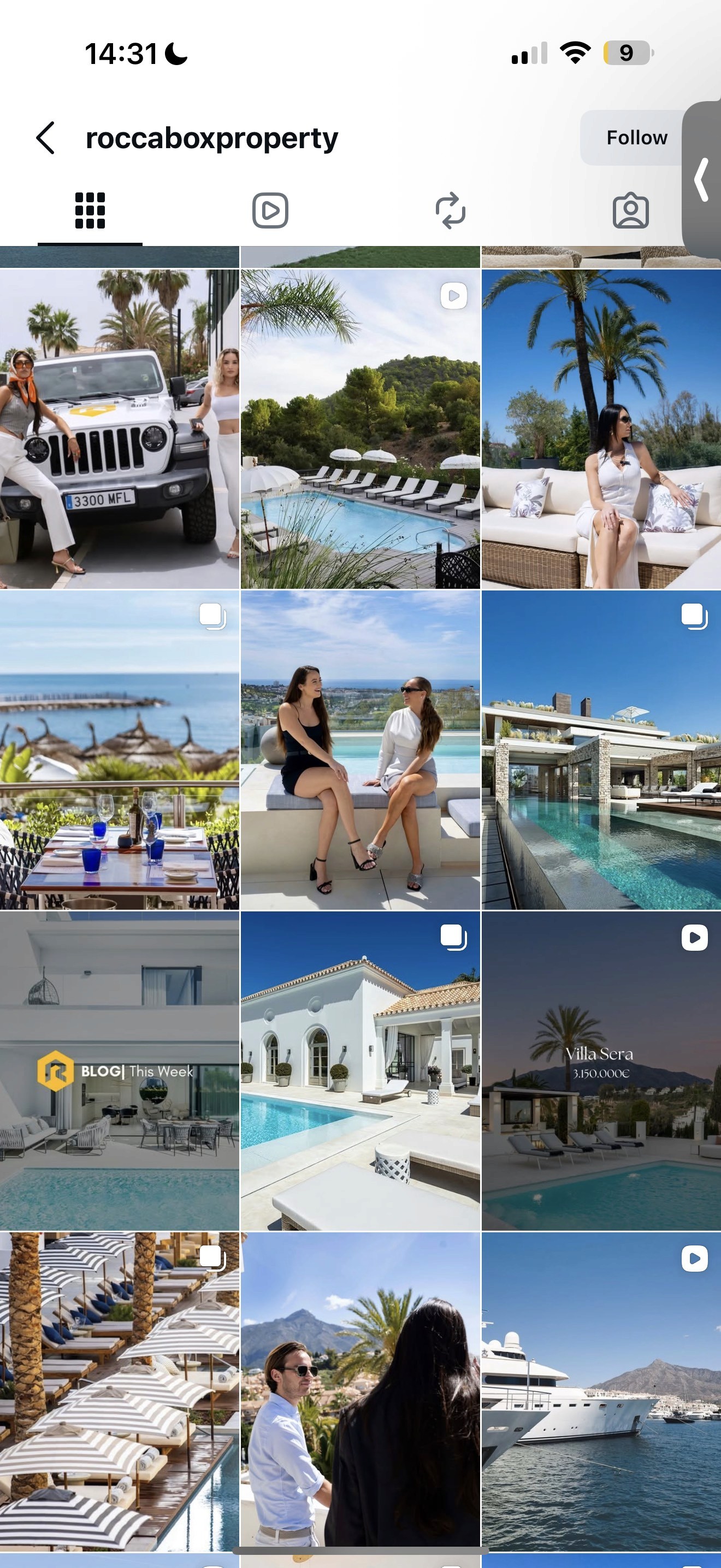 Roccabox Instagram grid of Marbella property and lifestyle content